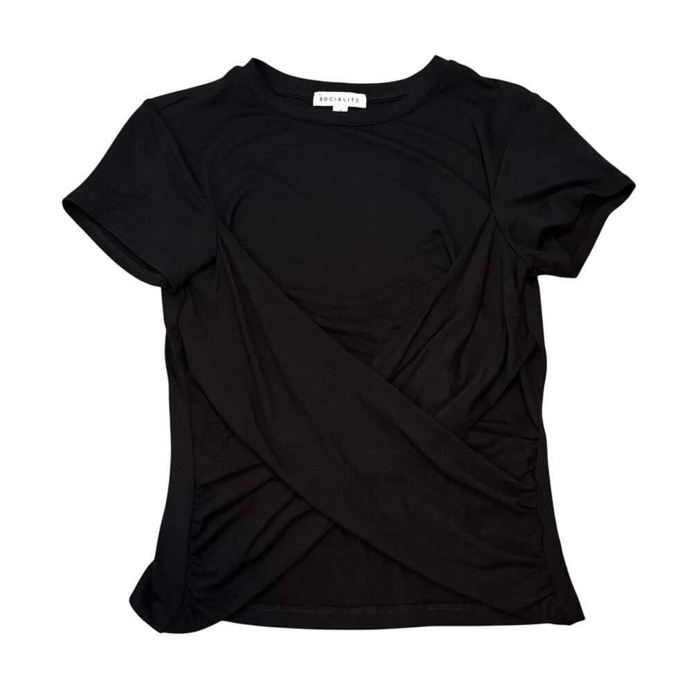 Socialite Black Ruched Wrap Front Top Size Small Stretch Short Sleeve Tee NWOT